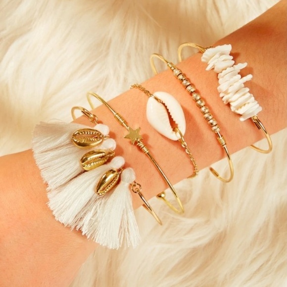 Unbranded Jewelry - Shell & Tassel Boho Gold Chain Bracelet Set Of 5